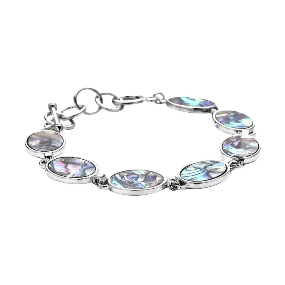 Abalone Shell Oval Shaped Link Bracelet in Silvertone (8-10In)